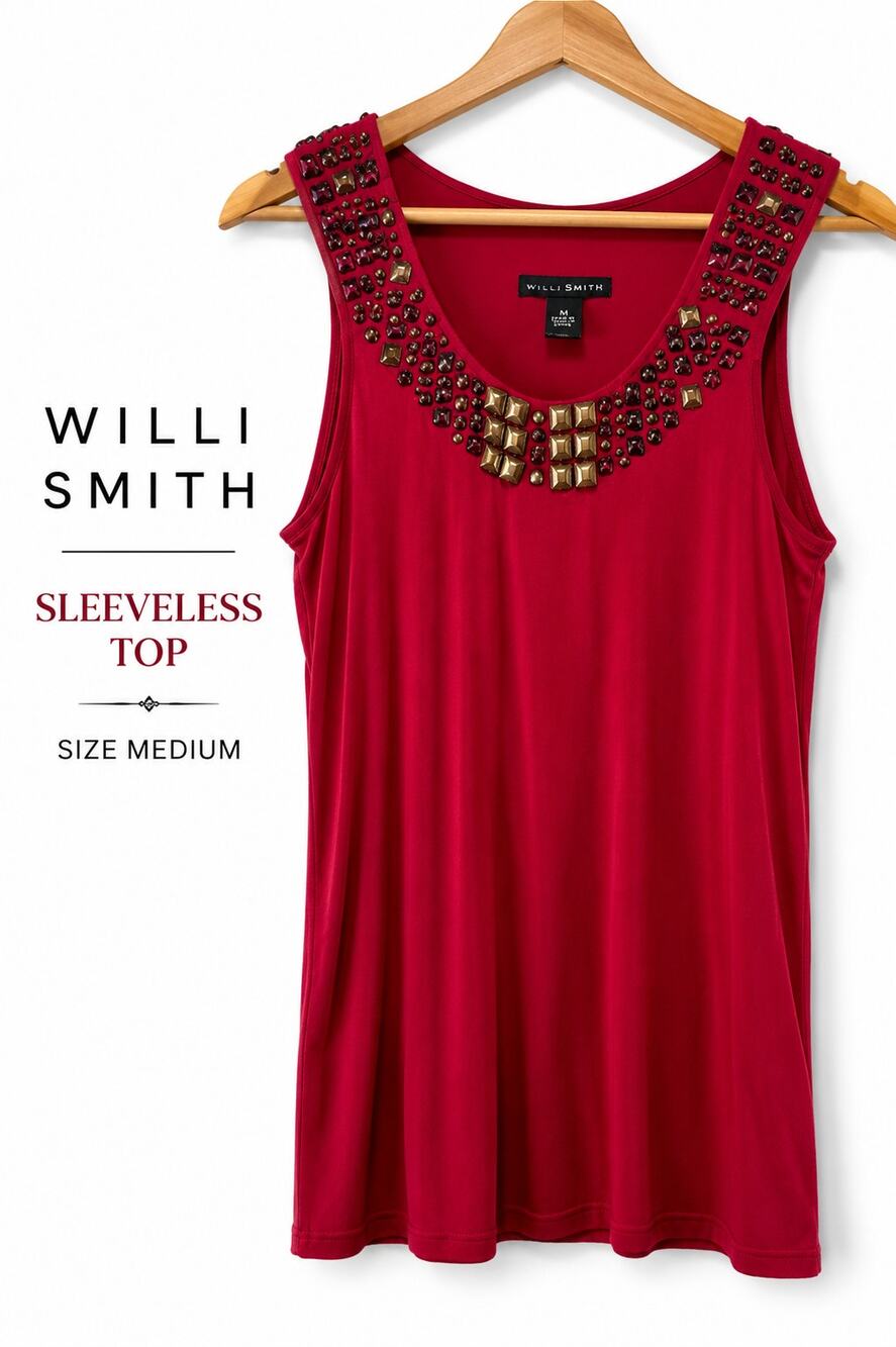 Willi Smith Sleeveless Red Top | Beaded Neckline | Size Medium